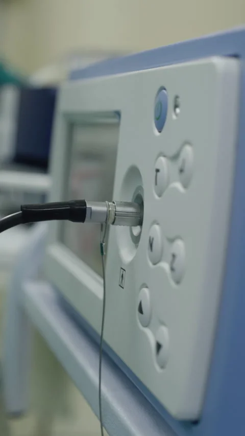 Close-up of cable connection at central port of medical equipment Stock Footage 345686525