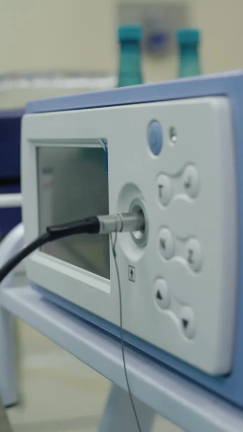 Close-up, cable connection in medical equipment port with control panel Stock Footage 345703345