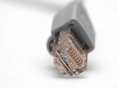 Close up on cable network connection isolated on a white background Stockfoto's