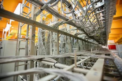 Close-up of cables and wires in server locker Stock Photos