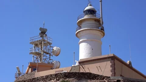 Close-up of cabo de gata lighthouse in almeria, spain, zoom out Stock Footage 279427492