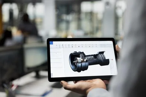 Close up of CAD designer using tablet app in office to upgrade turbine Stock Photos