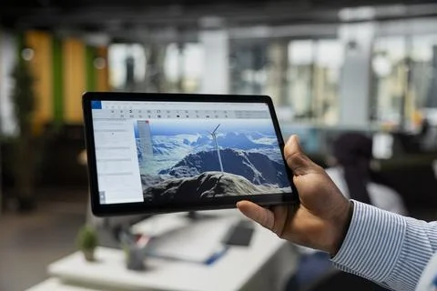 Close up of CAD engineer using tablet app in office to upgrade turbine Stock Photos