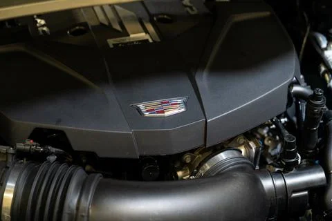 Close up of Cadillac engine cover inside car. Toronto, Canada - February 19, Fotos de archivo
