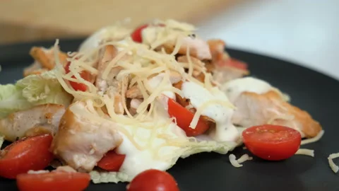 Close-up of Caesar Plate. Chef Prepared Classic Salad. Grated Cheese. Cuisine Stock Footage 147237199