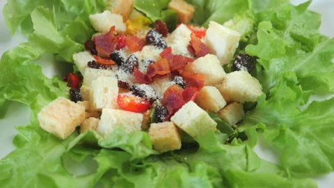 Close up of Caesar salad vegetable. Healthy food and diet nutrition. Stock Footage 155429942