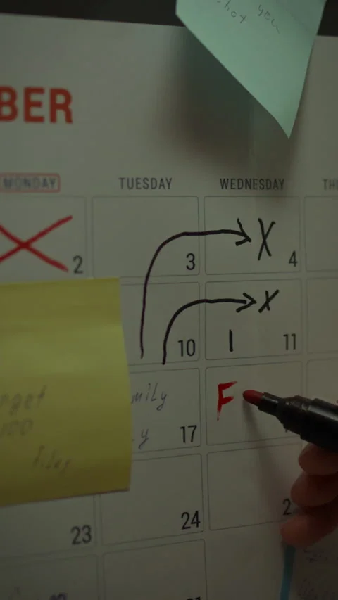 Close up of a calendar hand making notes in a weekly planner during a busy w Stock Footage 331538047