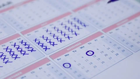 Close-up of a calendar page with dates being marked off with precision by hand. Stock Footage 305158137