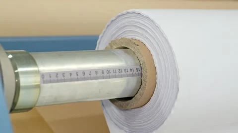 Close-up of a calender turning a roll of white fabric. In the background you can Stock Footage 163077332