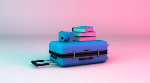 Close up camera and book put on suitcase mock up Stock Illustration