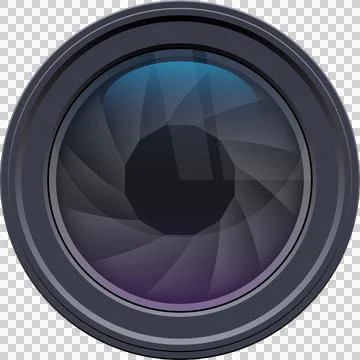 Close-up of a camera lens with an adjustable aperture, reflecting blue and .. Stock Illustration