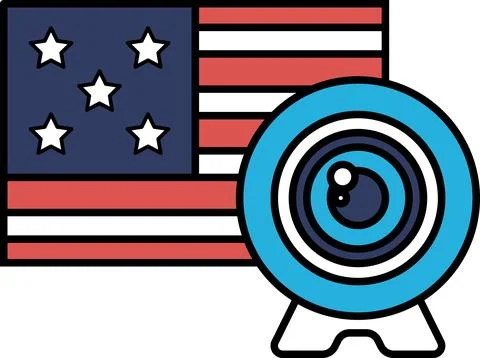 A close up of a camera lens with the American flag in the background Stock Illustration