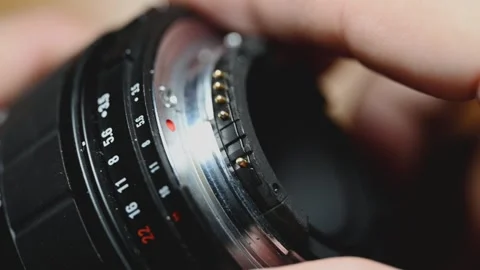 Close Up of Camera Lens Mount and Aperture Ring Stock Footage 345505947