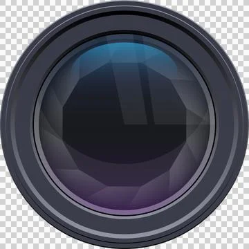 Close-up of a camera lens with visible aperture blades and light reflection.. Stock Illustration