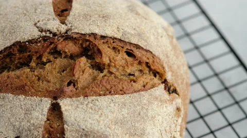 Close up camera movement. Beautiful rustic rye bread lies on the wire rack Stock Footage 147025198