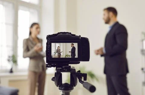 Close Up Of Camera Recording Interview Or Live Broadcast Stock Photos