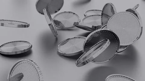A close-up camera shows how abstract shiny metal coins are falling against a Vídeos de archivo 160173457