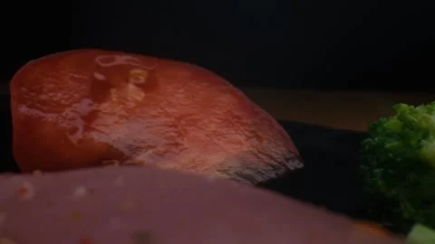 Close-up camera slowly moving between vegetables and raw chicken,healthy food Stock Footage 131609929