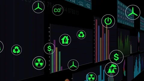 Close camera starting right pan data wall showing charts neon icons drifting Stock Footage 332591908