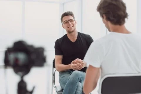 Close up. camera in the Studio during the interview. Fotos de archivo