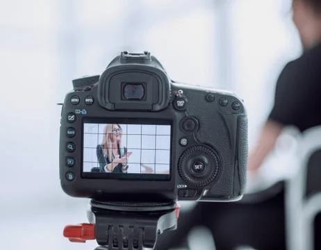 Close up. camera in the Studio during a TV interview. Fotos de archivo