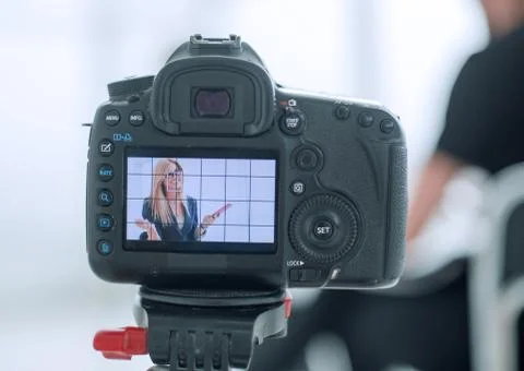 Close up. camera in the Studio during a TV interview. Fotos de archivo