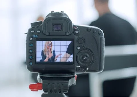 Close up. camera in the Studio during a TV interview. Fotos de archivo