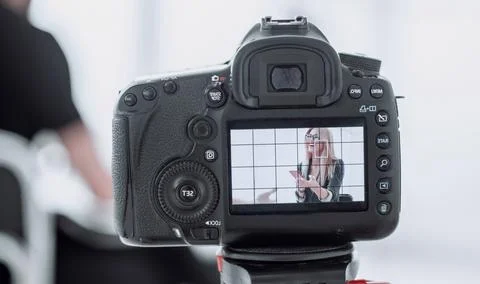 Close up. camera in the Studio during a TV interview. Fotos de archivo