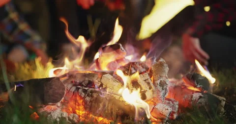 Close up of camfire flame burning at night. Group of unrecognizable people Stock-Footage 156618649