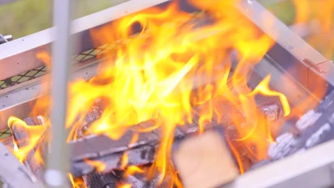Close-up of a campfire burning during the day in nature. 4K Stock Footage 328627833