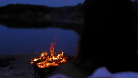 Close-up of campfire on a lake shore surrounded by forest. Stock Footage 284720304