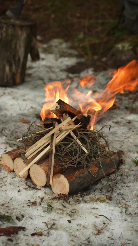 A close-up of a campfire in a winter forest. A camping fire during a winter hike Stock-Footage 308058137