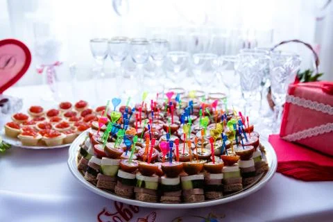 Close up of canape, bread with vegetables grill on plate Stock Photos