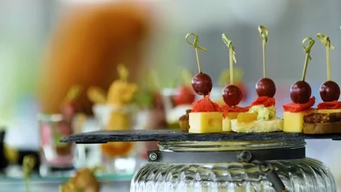 Close-up of canape skewers on the buffet table. Buffet food in a restaurant. Stock Footage 277278842