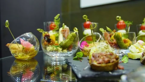 Close-up of canapes on the buffet table. Buffet food in a restaurant. Stock Footage 277280447