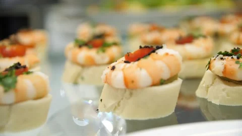 Close-up of canapes on a buffet table in a restaurant. Close-up of buffet food . Stock Footage 269932465