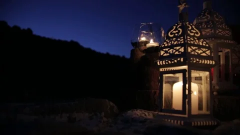 Close up of a candle lantern at night Stock Footage 76299863