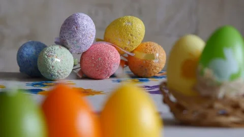 Close-up. Candles made in shape of easter egg. Easter eggs candles and colorful Stock Footage 106146695