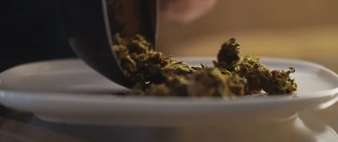 Close up of cannabis buds being spread on a white plate, shallow depth of field Stock Footage 122024909