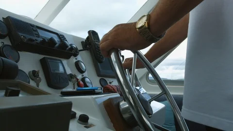 Close up captain steering a boat. Stock Footage 87721484