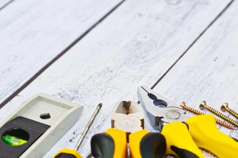 Close-up captured construction tools set Stock Photos