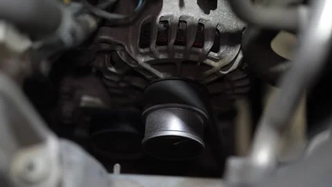 Close-up of a car alternator and ribbed serpentine drive belt. Stock Footage 345709248