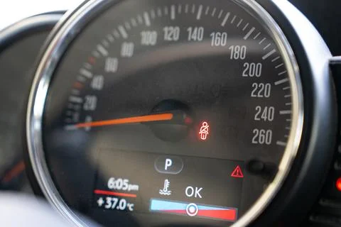 Close up of car dashboard temperature gauge showing high heat warning in vehicle Stock Photos