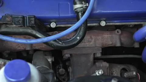 Close-up of car engine bay with blue valve cover and exhaust manifold. Stock Footage 341136997