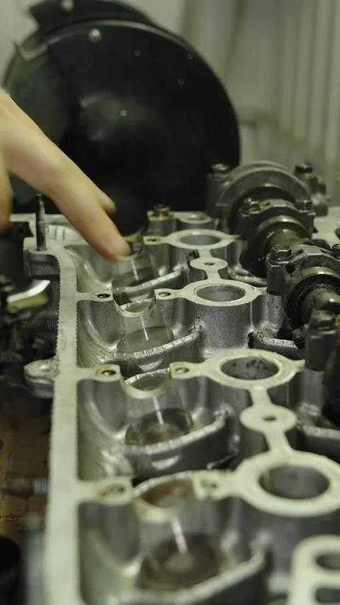Close-up of a car engine cylinder head with camshafts on a workbench Stock Footage 340334852