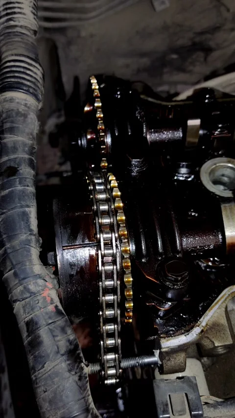 Close-up of car engine timing chain on camshaft gears oily Stock Footage 334321508