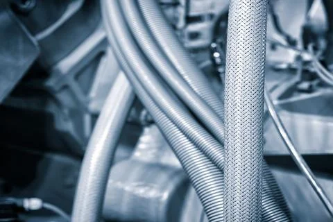 Close up of car engine with tubes and cables in blue tones Foto stock