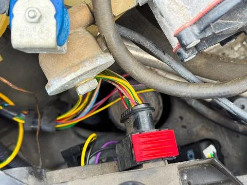 Close-up of a car engine wiring connector with red locking tab and multicolor Foto stock