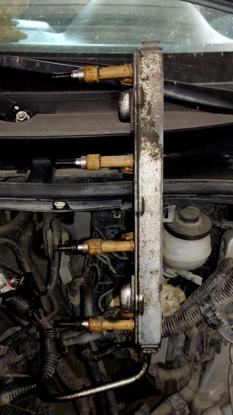 A close-up of a car fuel rail with four dirty fuel injectors Stock Footage 339491844