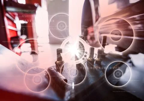 Close up of car parts with white interface and flare Stock Illustration